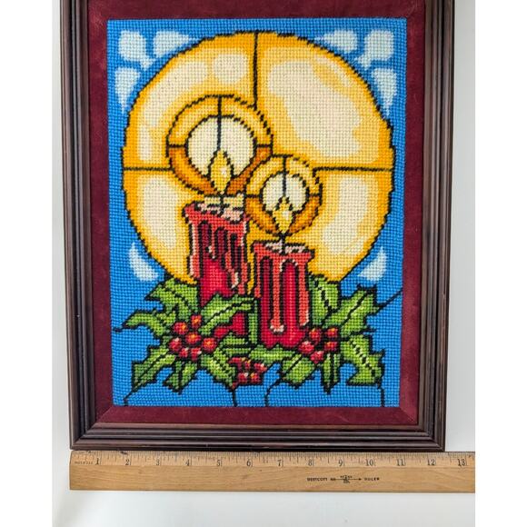 Vtg 1985 Framed Christmas Sunset Needlepoint Stained Glass Candles Completed - Picture 12 of 15